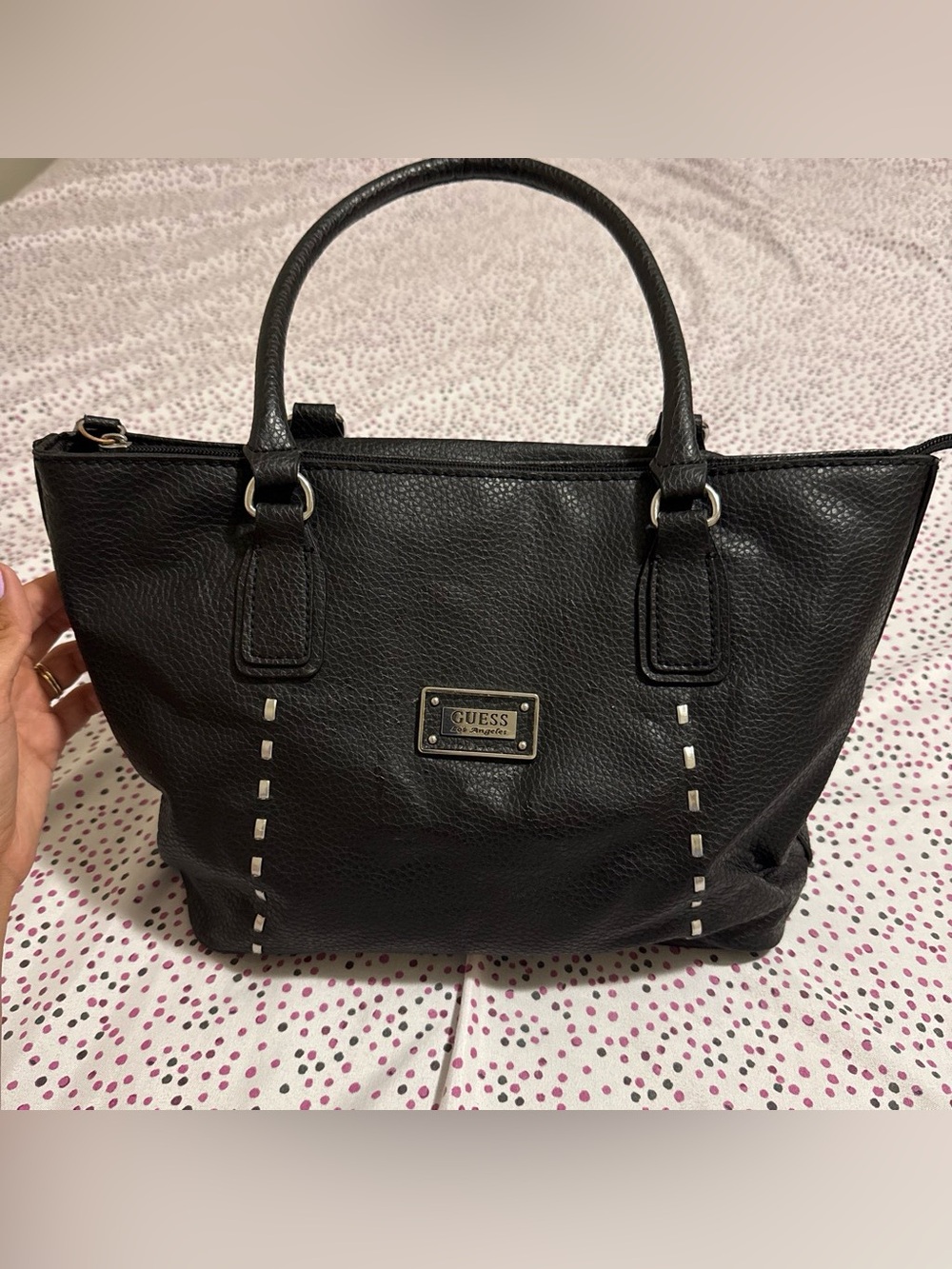 GUESS Black Pebbled Leather Tote with Metal Plaque